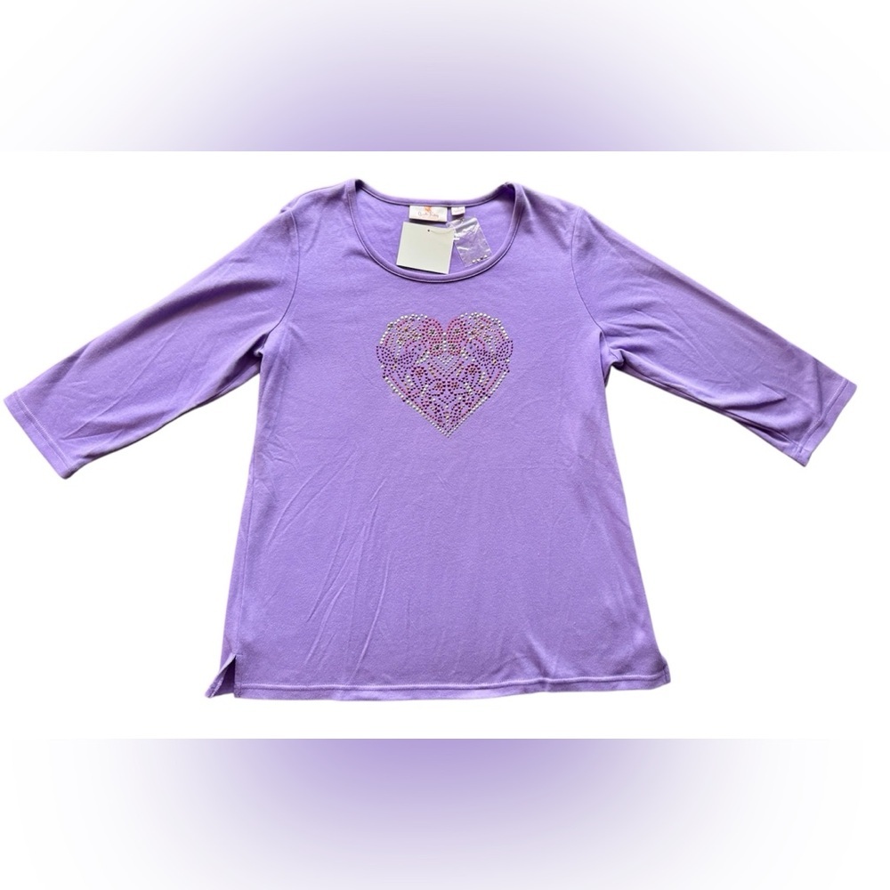 Quacker Factory Women’s Embellished Heart 3/4 sleeveT-shirt cotton purple Sz S